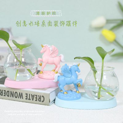 Resin Crafts Small Ornaments Cartoon Unicorn Creative Green Dill Hydroponics Transparent Glass Vase Home Decorations