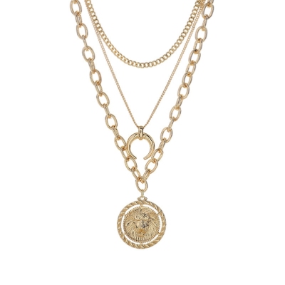 Coin lion head Necklace female ins hip hop multi-layer collarbone chain cold wind round neck chain net red