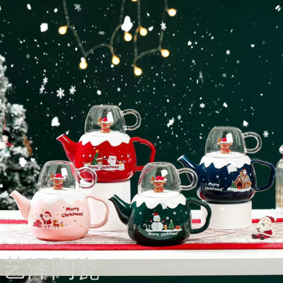 Christmas Ceramic Pot plus Glass Cup Glaze Teapot Fashion Coffee Pot