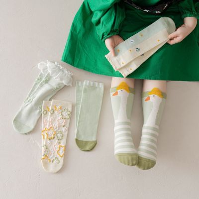 SocksStraight Cartoon Cute Little Goose Girls' Socks Fresh Green Series Cotton Mid-Calf Length Kid's Socks Lace Baby Trendy Socks