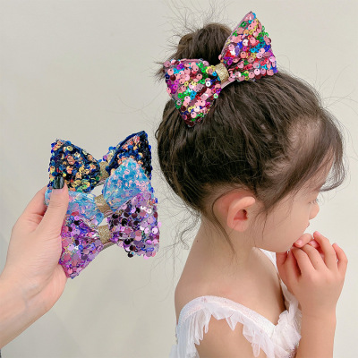 Korean Children's Three-Dimensional Bow Barrettes Laser Sequins Beaded Girls Baby Hair Accessories Princess Performance Headdress Flower