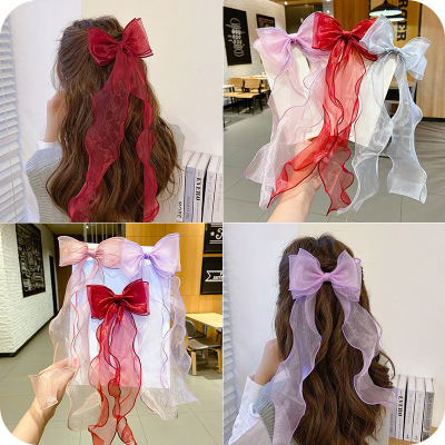 Red Big Bow Long Streamer Internet Influencer Hair Clip Female Clip Ribbon Headdress Korean Top Clip Hairpin Hair Accessories Hair Ring