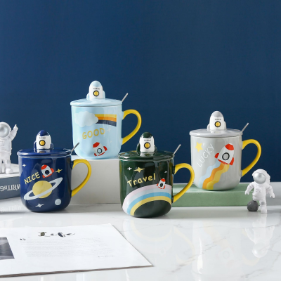 Creative Trend Ceramic Cute Cartoon Starry Sky Rocket Mug Office Household Ceramic Water Cup with Cover Spoon