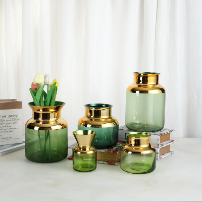Nordic Light Luxury Small Mouth Gold-Painted Glass Vase Transparent Geometric Green Flower Arrangement Ornaments Living Room Decorations Wholesale