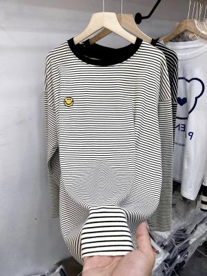 2022 Spring and Autumn New Thin Striped Long-Sleeved T-shirt Women's Mid-Length Smiley Face Inner Bottoming Shirt Fashionable Top