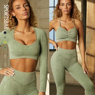 European Size Seamless Autumn and Winter Long Stone Washed Frosted V Push up Sports Bra V Waist Fitness Yoga Set Six-Piece Set for Women