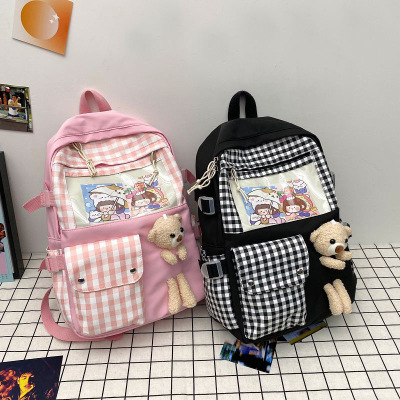 New Backpack Women's Japanese Cute Bear Plaid Schoolbag Soft Girl Girl Korean Style Primary and Secondary School Student Backpack Wholesale