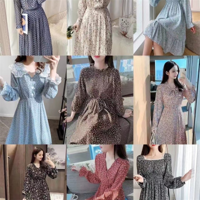 Women's Wear Long-Sleeved Dress Gentle Pastoral Style Waist-Tight Slimming Midi Dress Stall Foreign Trade Supply
