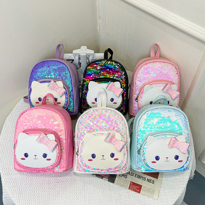 Factory Wholesale New Children's Bags Women's Korean-Style Cute Backpack Fashion Cartoon Cat Sequined Backpack