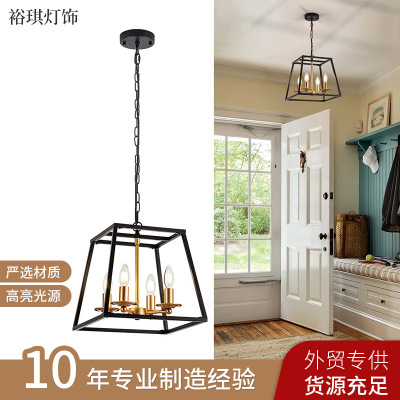 Popular Restaurant Kitchen Island Lamp Farmhouse Cross-Border Amazon Corridor Trapezoidal Iron Lamp Country Style American Style Chandelier