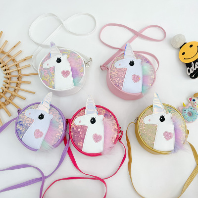 Children's Bags 2022 New Korean Fashion Sequins Shoulder Messenger Bag for Girls Decoration Bag Cute Cartoon Small round Bag