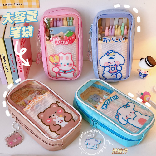 ins japanese large capacity pencil case girl junior high school primary school student cute good-looking stationery box pencil case canvas
