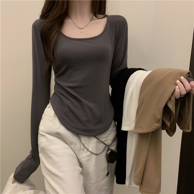 Women's Long-Sleeved T-shirt Autumn and Winter New Fashion Ins Irregular Slim-Fit Student Casual Short Top Girl Bottoming Shirt