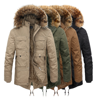 Foreign Trade Amazon New Winter Coat Men's Fleece-Lined Mid-Length Cotton Clothing Thickened Cotton-Padded Coat Fur Collar Warm Men's Clothing
