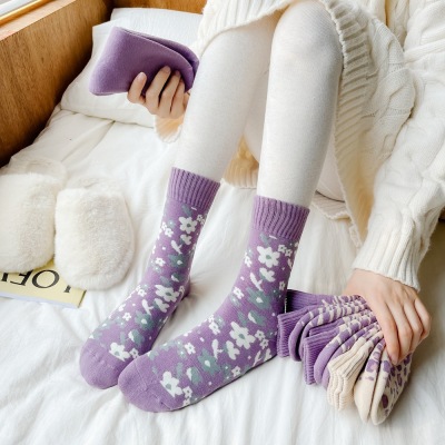 SocksSocks Women's Fantasy Purple Warm Thickened Terry-Loop Hosiery Room Socks Autumn and Winter Mid-Calf Length Socks Terry