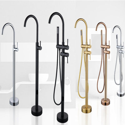 Copper Floor Bathtub Faucet Black Vertical Shower Pedestal Basin Shower Set Hot and Cold European-Style Wall Water Inlet