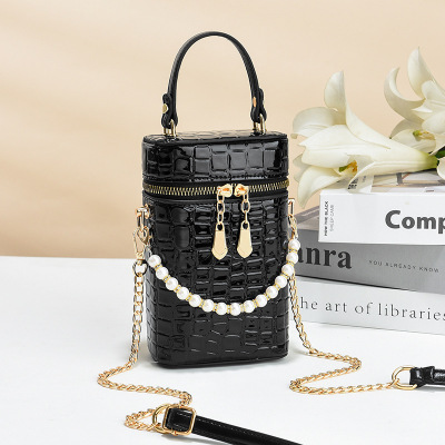 2022 Foreign Trade New Crocodile Pattern Pearl Chain Simple and Fashion Women Bag Small Bag Solid Color Trendy Korean Style Bag Small Bag