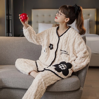 Coral Velvet Pajamas Women's Winter Long Sleeve Sweet Cute Fairy Style Flannel Warm Loungewear Suit Can Be Worn outside