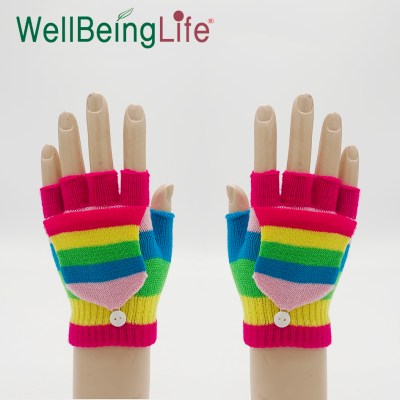 Half Finger Flip Gloves Knitted Writing Work Cold-Proof Wool Keep Warm Children's Rainbow Color Gloves