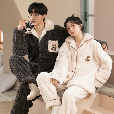 Coral Fleece Couple Pajamas Women's Winter Long Sleeve Cardigan Lapel Flannel Thickened Men's Loose Home Wear
