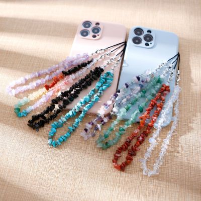 European and American Natural Crystal Mobile Phone Lanyard DIY Beaded Stone Pink Crystal Gravel Phone Case Wrist Strap Chain Wholesale