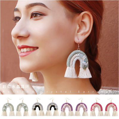 Hand-Woven High Profile Retro Earrings Crystal Pearl European and American Foreign Trade Tassel Rainbow Ethnic Style Earrings Female Stud Earrings
