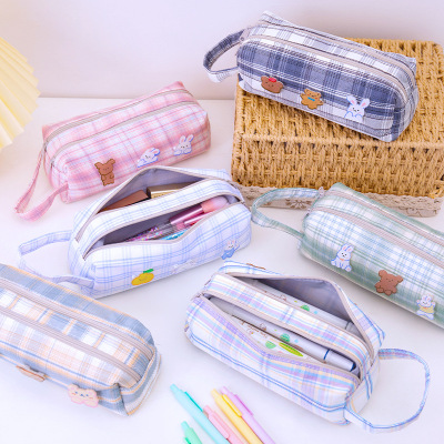 Yilan JK Style Salt Series Canvas Pen Bag Simple Male and Female Students Large Capacity Double-Layer Pencil Case Plaid Stationery Storage Bag