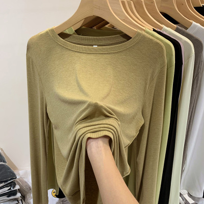 Women's Long-Sleeved T-shirt Spring and Autumn 2022 New Loose All-Match Solid Color round Neck Bottoming Shirt Inner Wear Elastic Thin Top