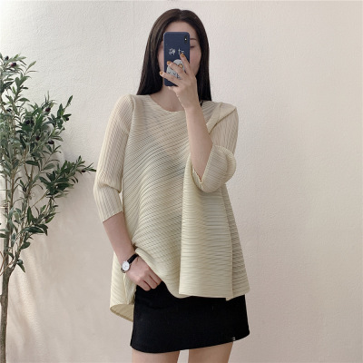Sanzhai Pleated Women's Top Spring and Summer New 7-Quarter Sleeve T-shirt Solid Color Basic round Neck Irregular Pullover