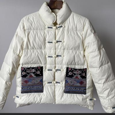 Chinese Style Artistic Retro Embroidery White Duck down Jacket Women's Short Plate Buckle Stand Collar Winter Warm Coat Women