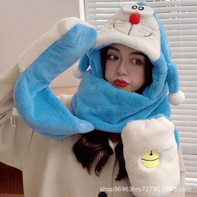 Doraemon Hat Scarf Integrated Autumn and Winter Female Good-looking Pinching Moving Rabbit Ears Plush Hooded