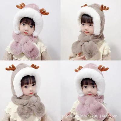 Winter Children's Hat Scarf Integrated Boys and Girls Thickened Warm Plush Cute Baby Antlers Windproof Earflaps Hat