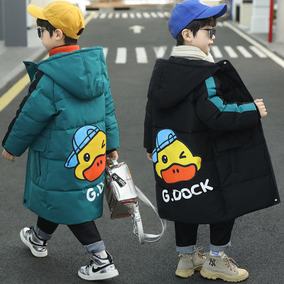 Boys Winter Clothing Mid-Length Thickened down Cotton-Padded Coat 2021 Medium and Large Children Cartoon Duck Hooded Camouflage Cotton Jacket Fashionable Jacket