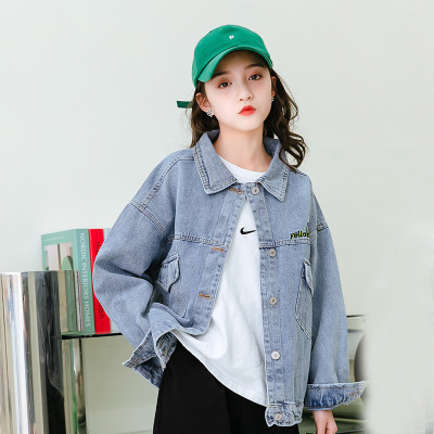 Girls' Jean Jacket 2022 New Spring Leisure Cartoon Fashionable Cardigan Older Children's Long Sleeve Top Trendy Spring and Autumn