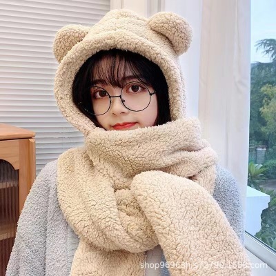 Bear Scarf Women's Winter Internet Celebrity All-Match Gloves Hat Scarf Integrated Cute Bear Ears Three-Piece Set Scarf