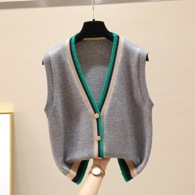 Contrast Color V-neck Knitted Vest Women's Fashion 2022 Autumn and Winter College Style Cardigan Vest Waistcoat Overcoat