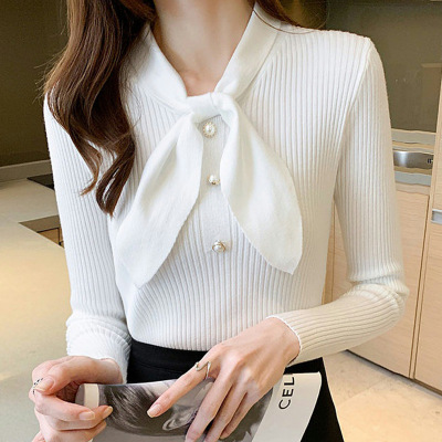 2022 Autumn and Winter Clothing New Bow Collar Sweater Women's Knitted Bottoming Shirt French Style Design Thickened Inner Wear Top