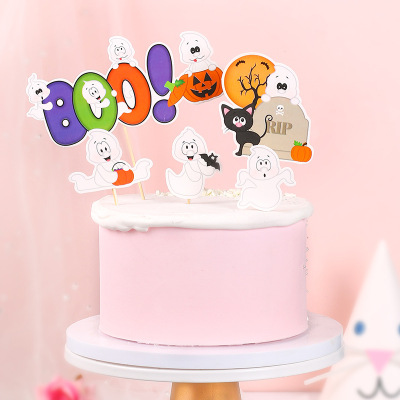 Halloween Cake Decoration Cartoon Cute Pumpkin White Ghost Cake Inserting Card Halloween Birthday Cake Insertion Cake Inserting Card
