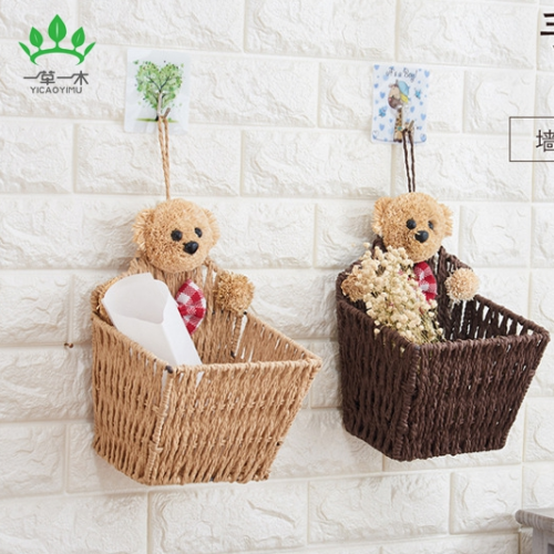 wicker desktop remote control storage basket household creative cartoon little bear hanging basket rattan key sundries storage basket