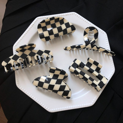 Internet Celebrity European and American Headdress Black and White Chessboard Grid Barrettes Fashion Temperament Back Head Shark Clip Updo Hair Claw