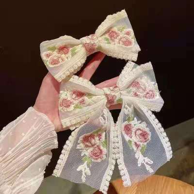 Japanese and Korean Ins Rose Embroidery Barrettes Sweet Lace Hairpin Summer Super Fairy Bow Internet Celebrity