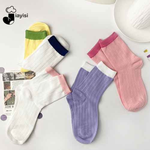 Autumn and Winter Socks Women‘s Mid-Calf Contrast Color Sweet Candy Color Socks Vertical Stripes Japanese Korean Girls Socks Wholesale Customization