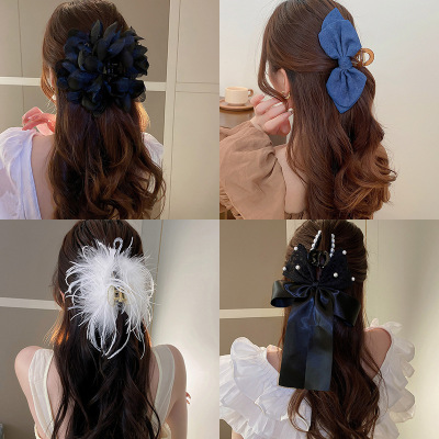 Korean Style Super Fairy Mesh Flower Feather Grip Fashion Temperament Back Head Updo Shark Clip Barrettes Personalized Hair Accessories