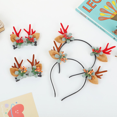 European and American Mori Style Colorful Christmas Style Creative Cartoon Small Antlers Artificial Flower Decoration Women Barrettes