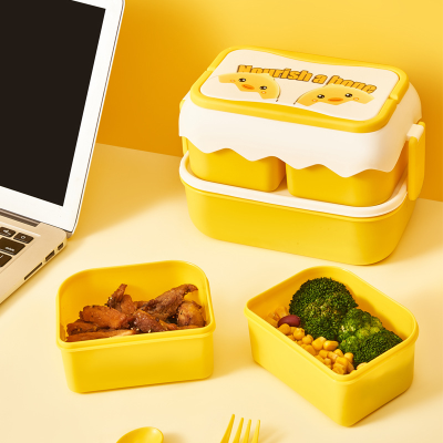 Double-Layer Plastic Lunch Box Student Lunch Box Cute Cartoon Lunch Box with Handle Portable Microwave Oven Heating