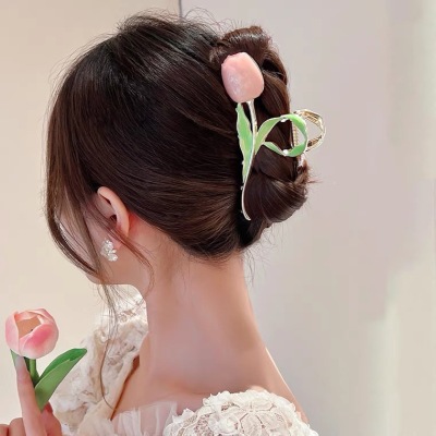 Fresh Tulip Flower Barrettes Simple All-Match Back Head Updo Shark Clip Grip Cute Fashion Hair Accessories