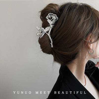 Personalized Rose Barrettes Back Head Cold Style Temperament Grip Shark Clip High Sense Hairpin Clip Headdress for Women