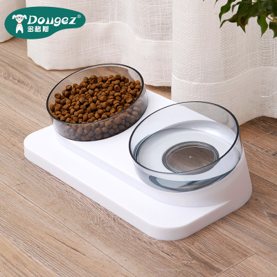Cross-Border Transparent Pet Double Bowl Neck Protection Oblique Mouth Dog Drinking Water Feeding Bowl Cat Eating Bowl Pet Supplies