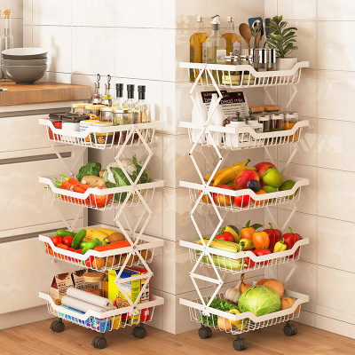 Kitchen Foldable Vegetable Rack Fruit Vegetable Basket Storage Basket Multi-Layer Floor Movable Storage Rack with Wheels