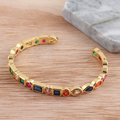 European And American Foreign Trade Cross-Border Classic Open Rainbow Zircon Bracelet Summer New Geometric Style Colorful Square Round